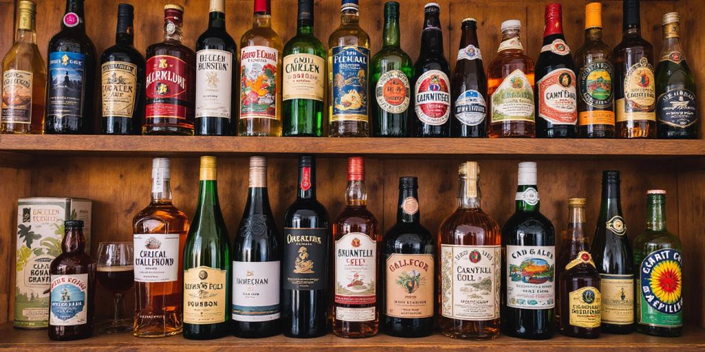 Colorful assortment of alcoholic beverages on a shelf.