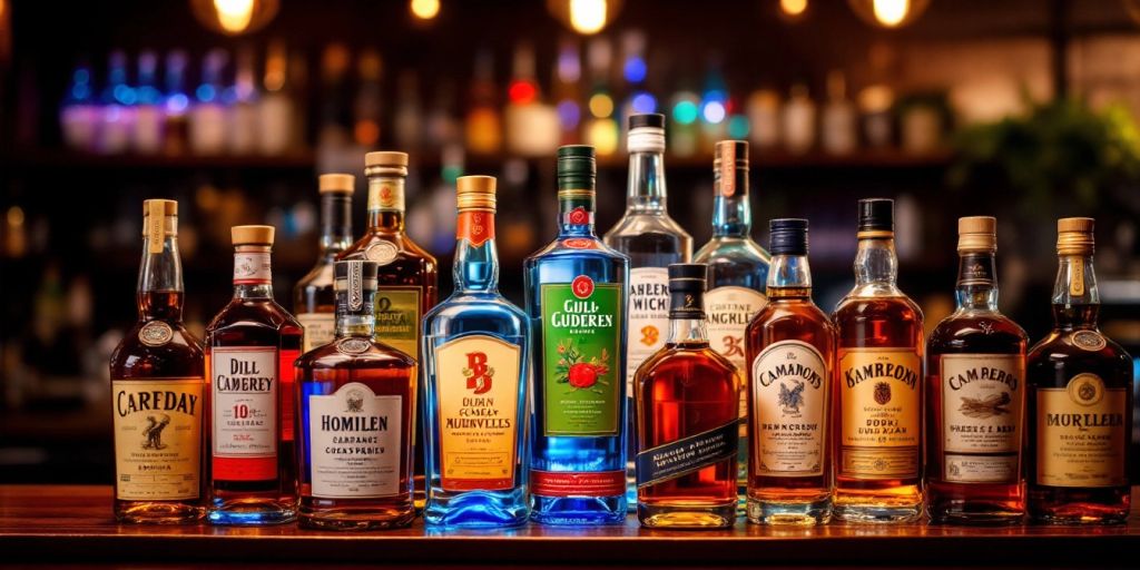 Colorful assortment of discount spirits on a bar.