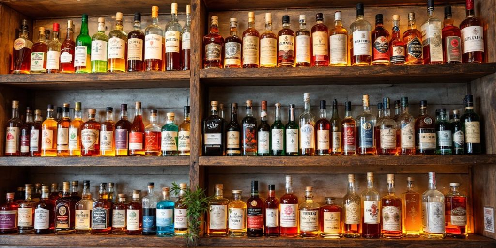 Colorful liquor bottles on wooden shelves in a shop.