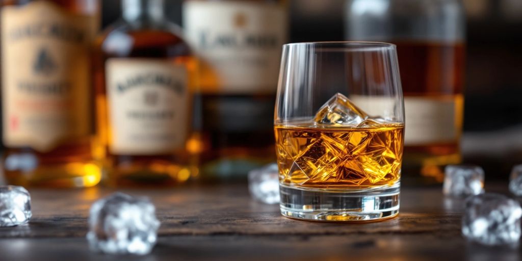 Whiskey glass with amber liquid and bottles on bar.