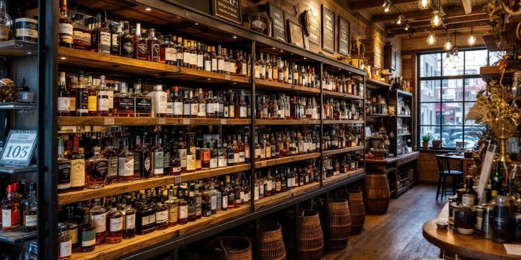 {"original_document": "Interieur van een whiskystore met planken vol flessen."}