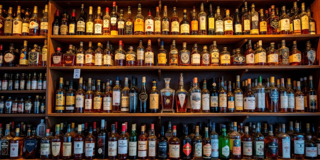 Colorful liquor bottles on shelves in a store.