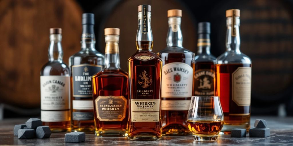 Collection of whiskey bottles with a glass and stones.