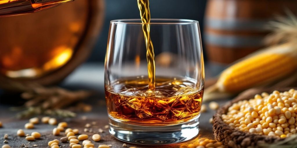 Whiskey being poured into a glass with grains.