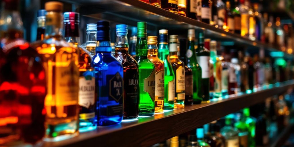 Colorful liquor bottles on shelves in a store.