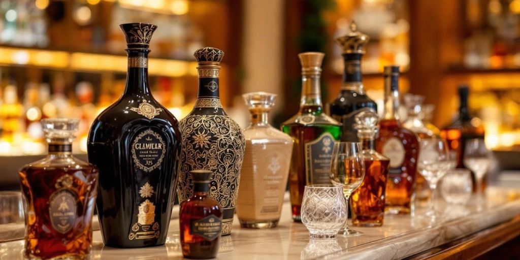 Luxurious bottles of expensive liquor on a bar.