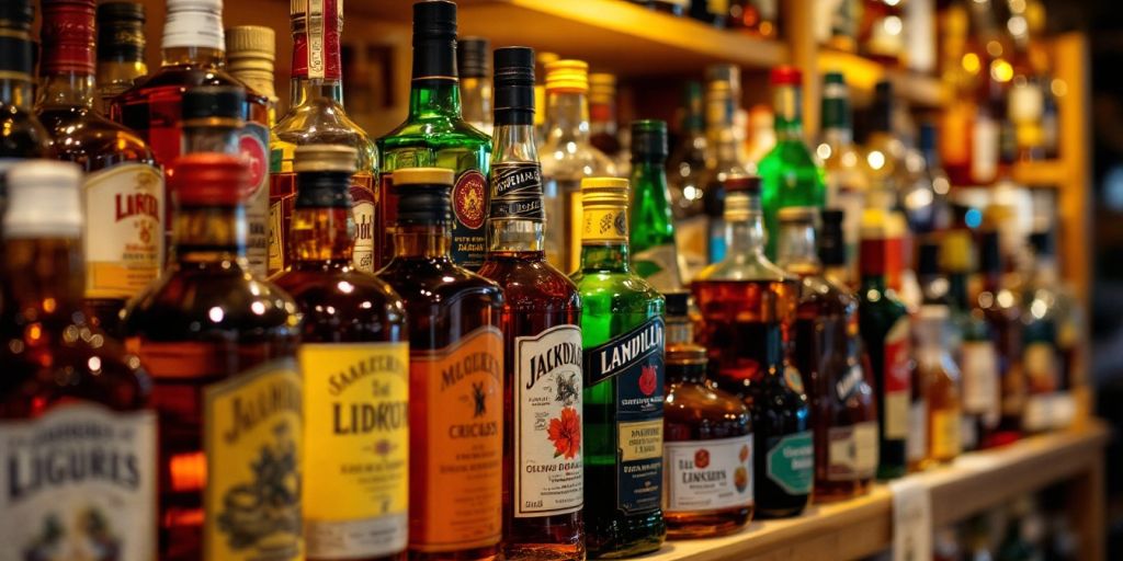 Colorful liquor bottles on a wooden shelf.