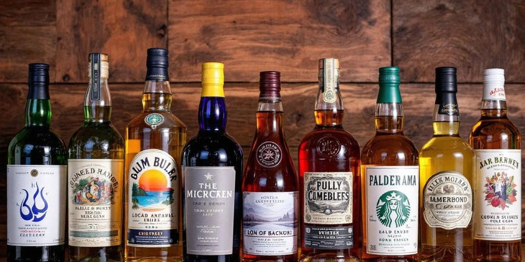 Colorful liquor bottles on a wooden background.