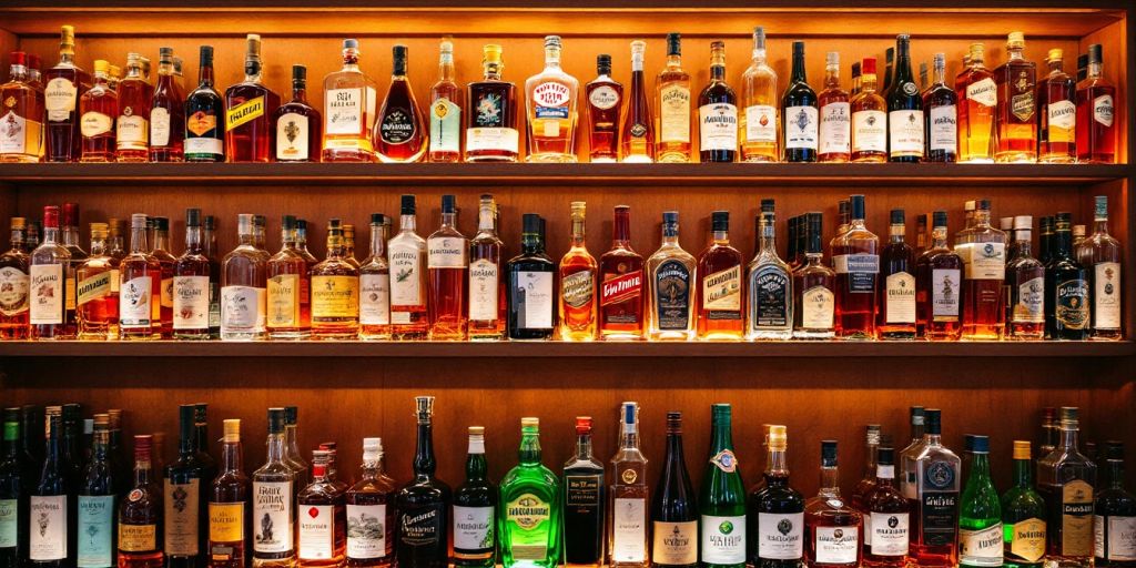 Colorful liquor bottles on a wooden shelf.