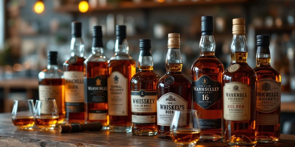 Assortiment whiskeyflessen op een rustieke houten bar.