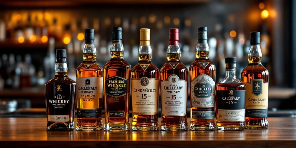 Premium whisky bottles on a wooden bar top.