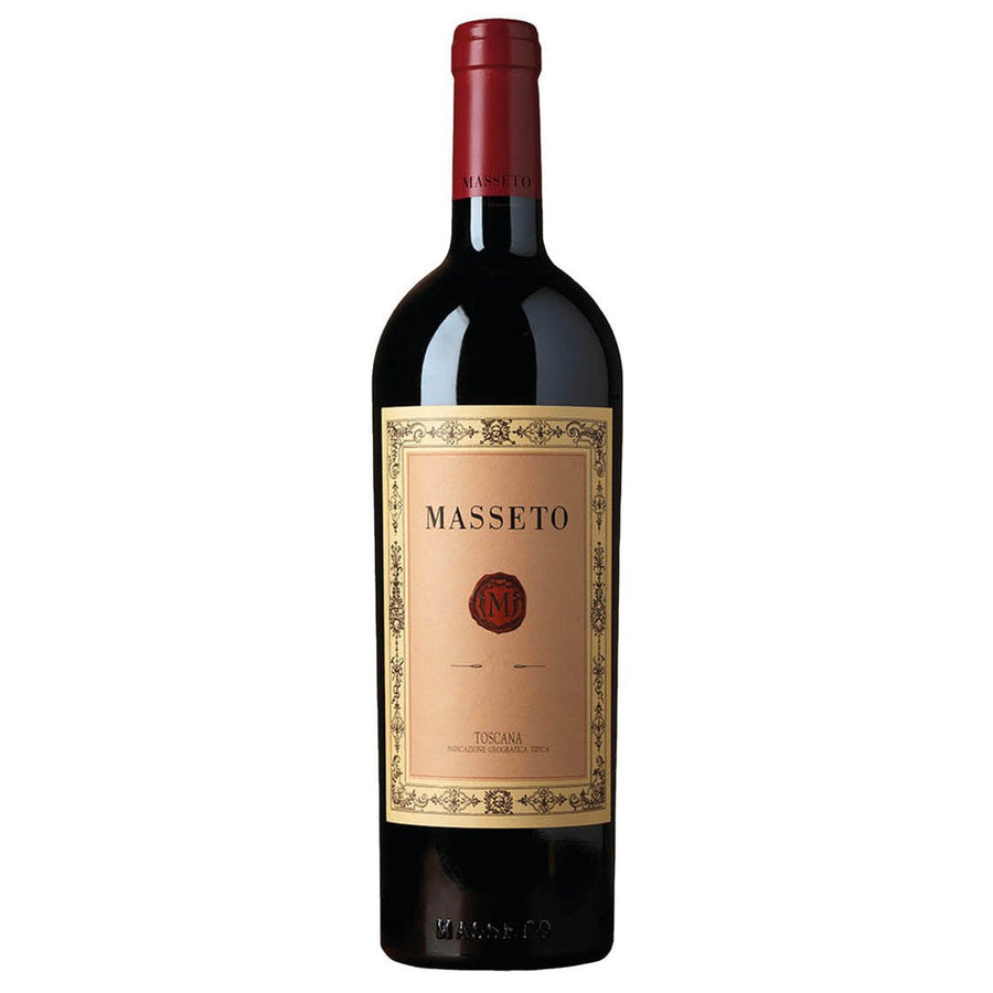 Bottle of Masseto wine with a red cap on a white background