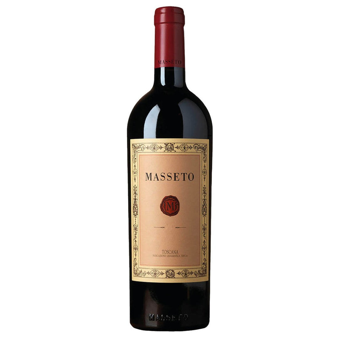 Bottle of Masseto wine with a red cap on a white background